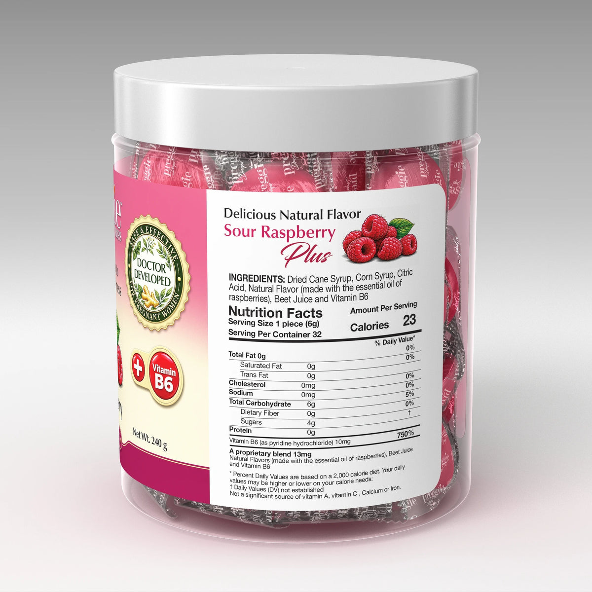 Preggie 32 Sour Raspberry Plus - nutrition and ingredients panel