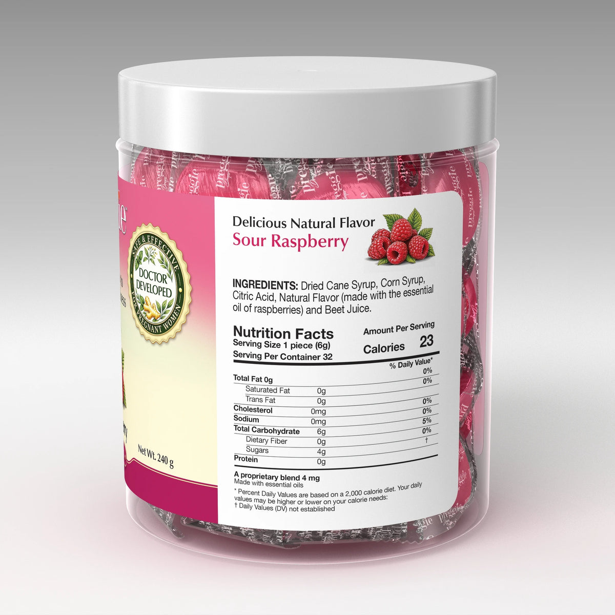 Preggie 32 Sour Raspberry - nutrition and ingredients panel