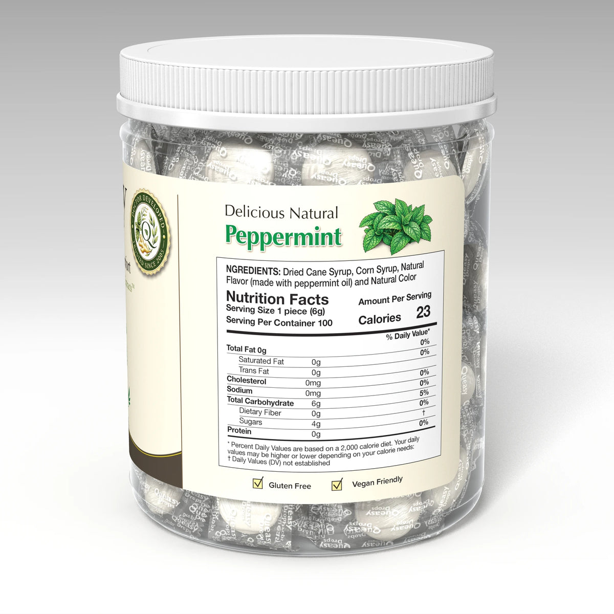 Queasy 100 Peppermint - nutrition and ingredients panel