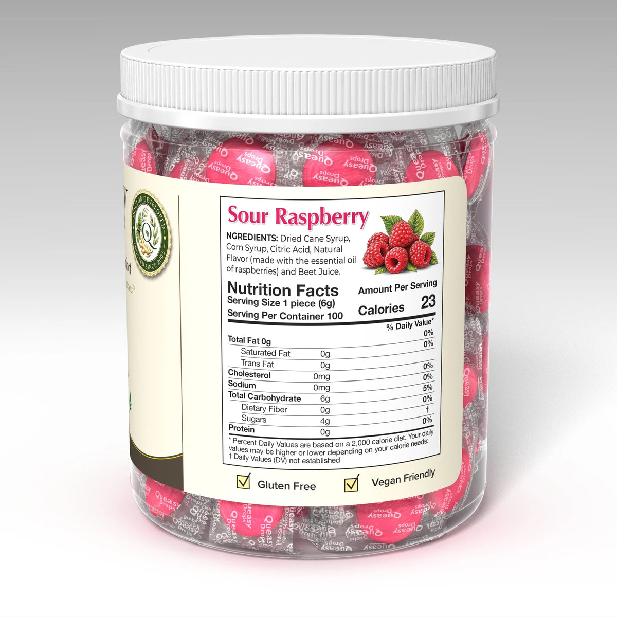 Queasy 100 Sour Raspberry - nutrition and ingredients panel