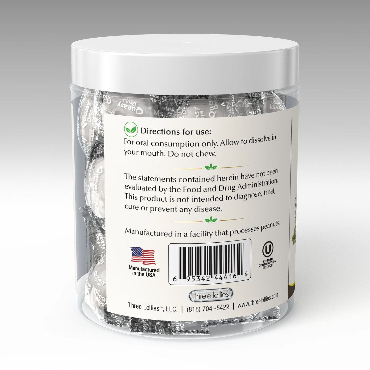 Queasy 32 Peppermint - directions and barcode panel