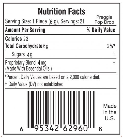Preggie Pop Drop Nutrition Label