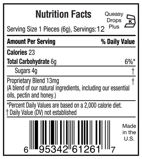 Queasy Drops Plus Nutrition Label 12pc