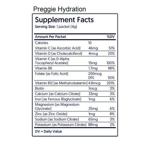 Preggie Hydration Nutrition Label